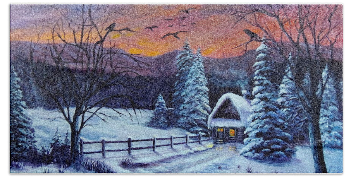 Winter Bath Towel featuring the painting Winter Evening 2 by Bozena Zajaczkowska