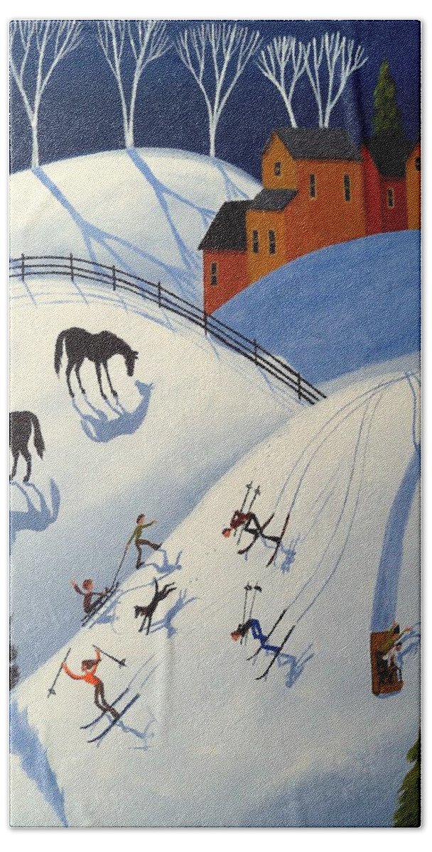 Folk Art Bath Towel featuring the painting Winter Fun Day - folk art landscape by Debbie Criswell