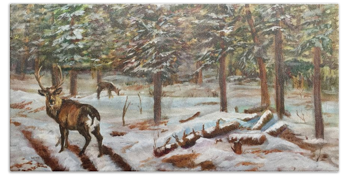 A Stag And His Doe Grazing In The Snow. Hand Towel featuring the painting Winter Grazing by Charme Curtin