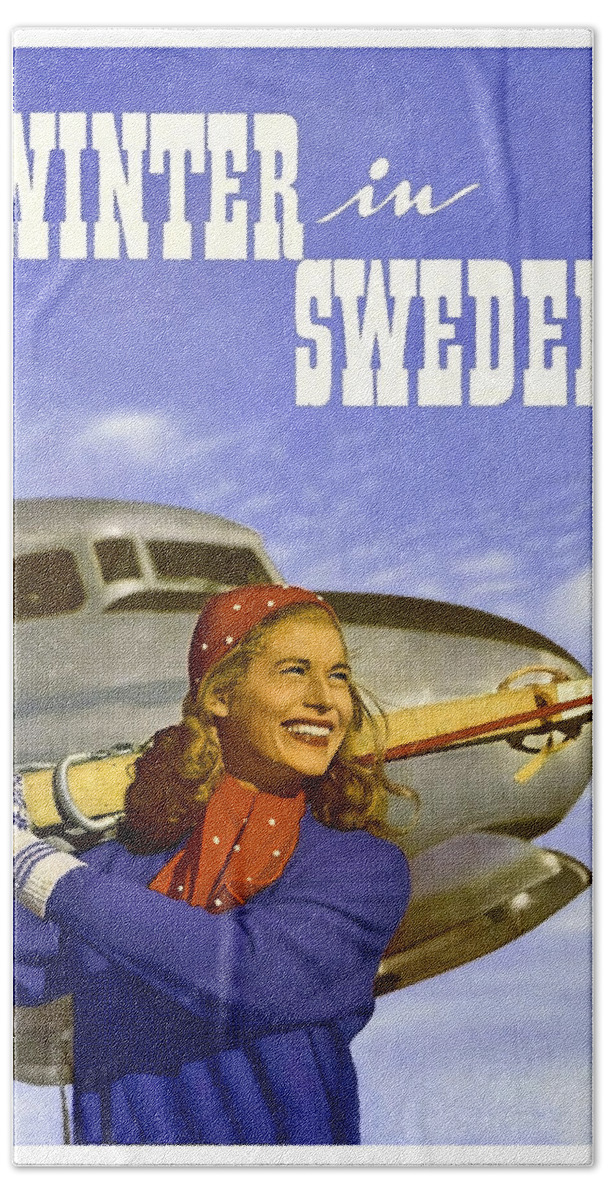 Winter Hand Towel featuring the painting Winter in sweden woman with skies, airline travel poster by Long Shot