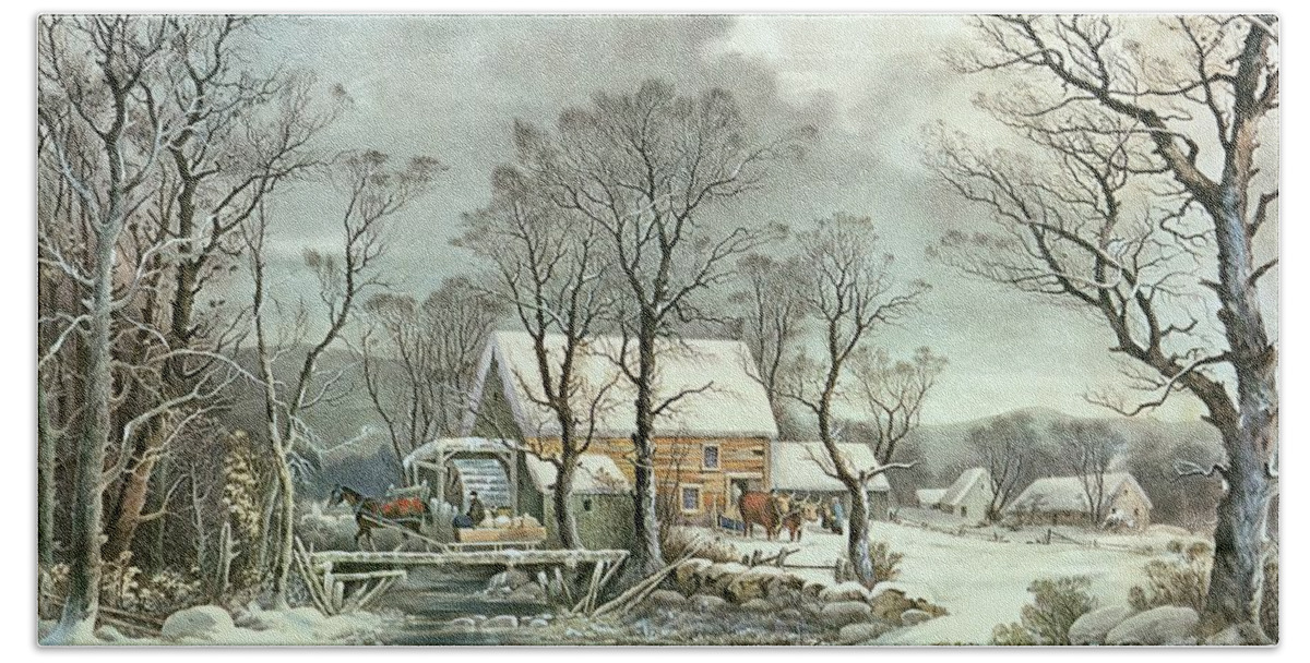 Winter In The Country - The Old Grist Mill Bath Sheet featuring the painting Winter in the Country - the Old Grist Mill by Currier and Ives