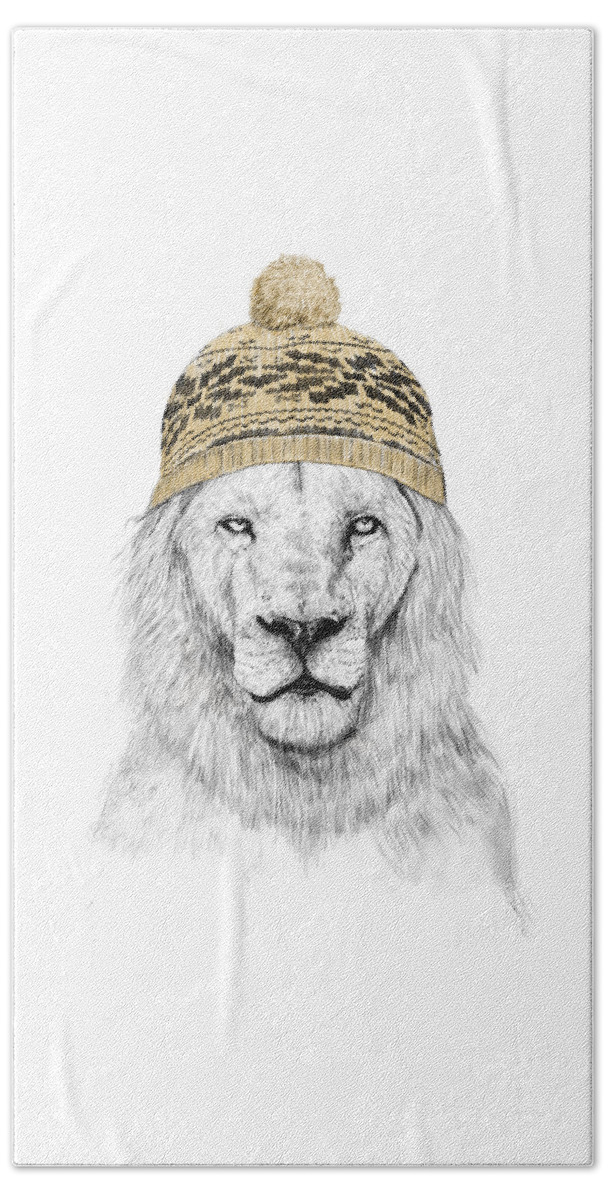 Lion Bath Towel featuring the drawing Winter lion by Balazs Solti