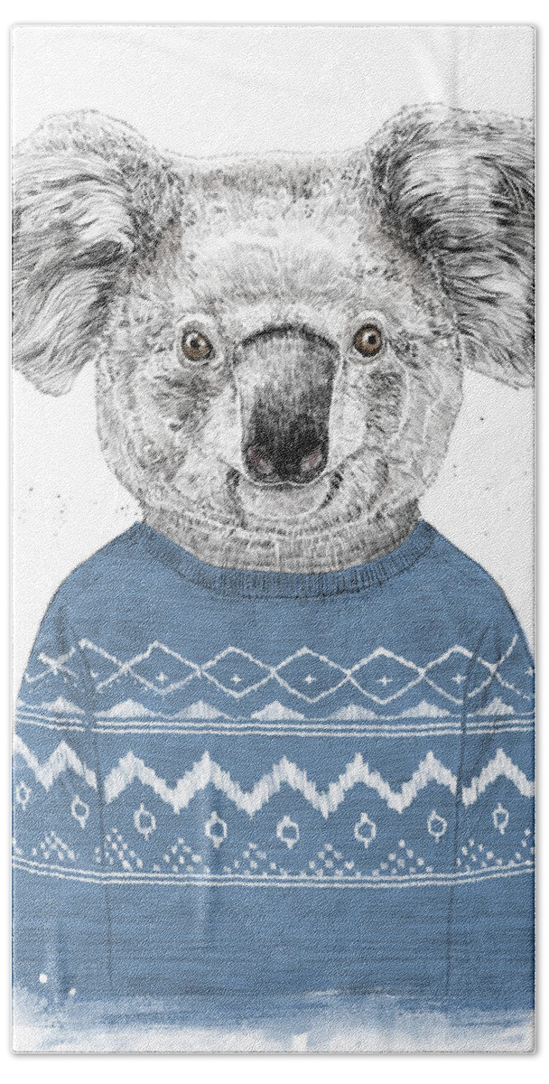 Koala Hand Towel featuring the drawing Winter koala by Balazs Solti