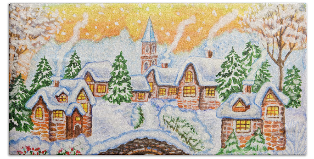 Winter Hand Towel featuring the painting Winter landscape with bridge by Irina Afonskaya