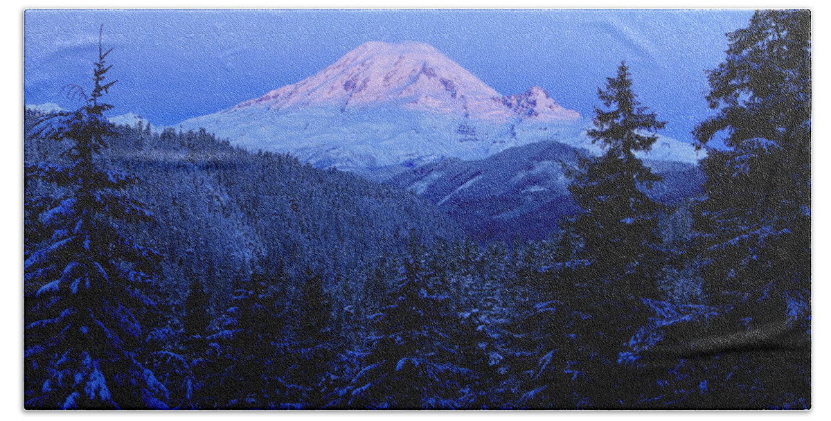 Winter Morning With Mount Rainier 2 Hand Towel featuring the photograph Winter Morning with Mount Rainier 2 by Lynn Hopwood