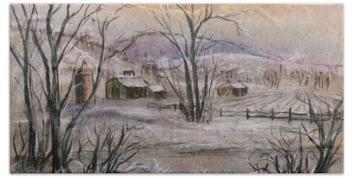 Winter Landscape Bath Towel featuring the pastel Winter On The Farm by Natalie Holland