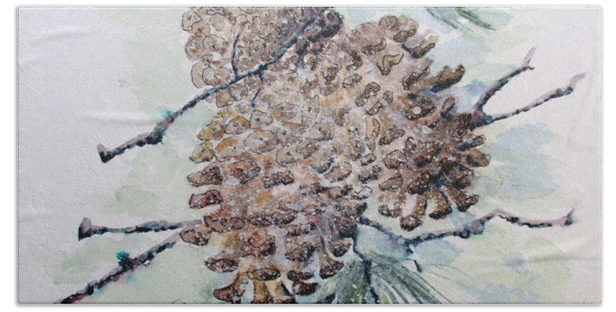 Watercolor Bath Towel featuring the painting Winter Pine Cones by April McCarthy-Braca
