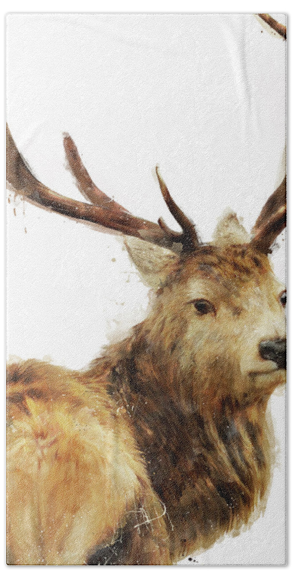 Deer Hand Towel featuring the painting Winter Red Deer by Amy Hamilton