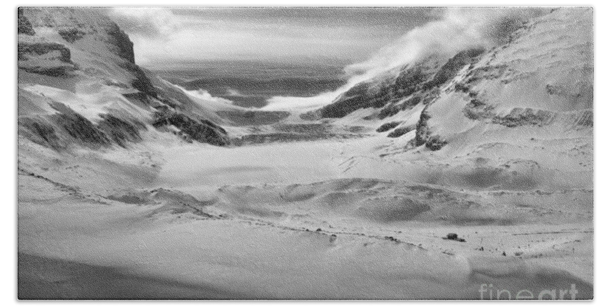 Columbia Icefield Bath Towel featuring the photograph Winter Shadows Below The Athabasca Glacier Black And White by Adam Jewell
