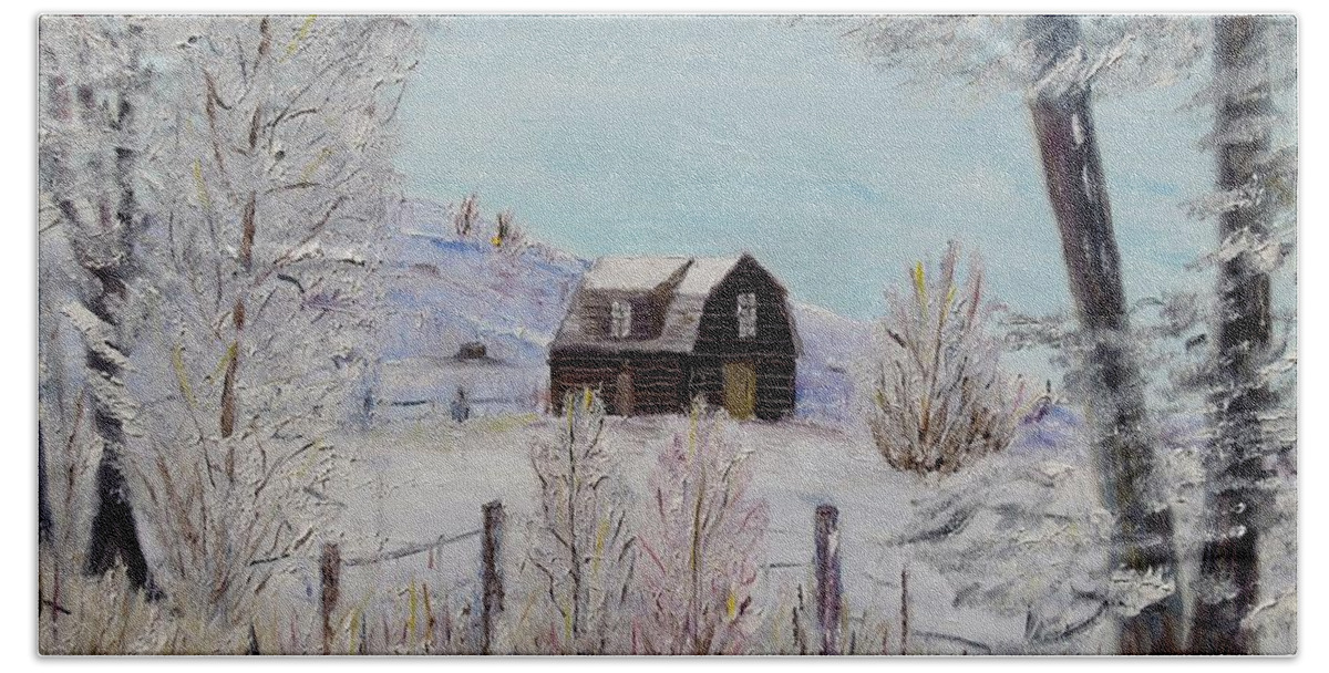Winter Hand Towel featuring the painting Winter solace by Marilyn McNish