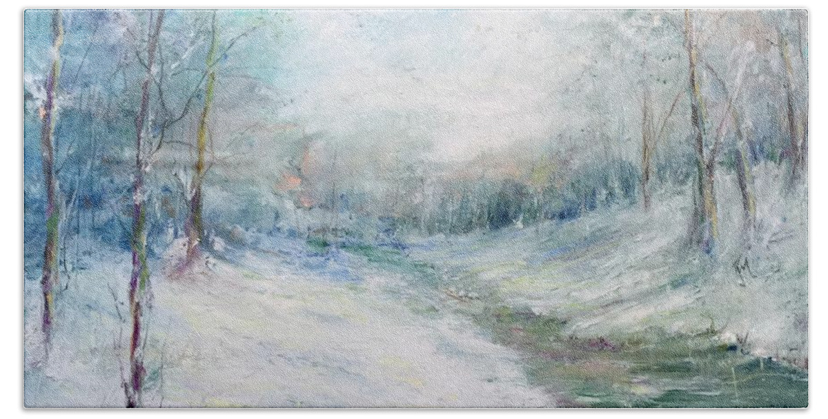 Winter Wonderland Bath Towel featuring the painting Winter Stream by Robin Miller-Bookhout