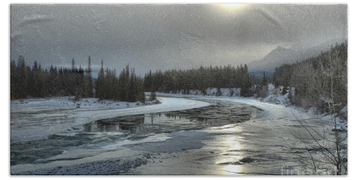 Jasper National Park Bath Towel featuring the photograph Winter Sun Reflections Over The Athabasca by Adam Jewell