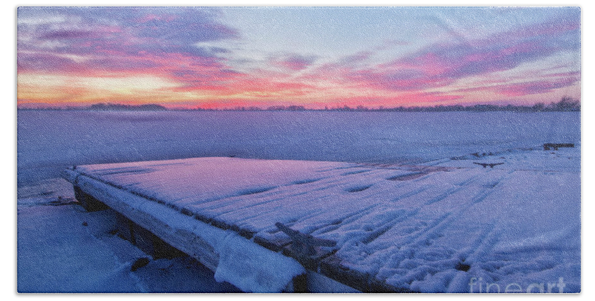 Lake Bath Towel featuring the photograph Winter Sunrise on a Snow covered Lake and Fishing Dock by Ronda Kimbrow