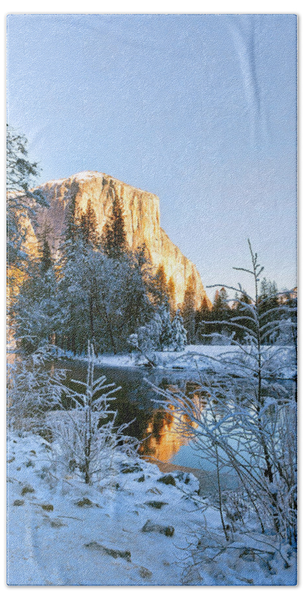 Patricia Sanders Bath Towel featuring the photograph Winter View of Yosemite's El Capitan by Her Arts Desire