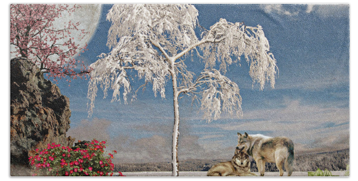 Wolf Bath Towel featuring the mixed media Winter Wonderland by Ally White