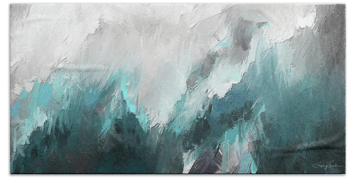 Ight Blue Hand Towel featuring the painting Wintery Mountain- Turquoise and Gray modern Artwork by Lourry Legarde