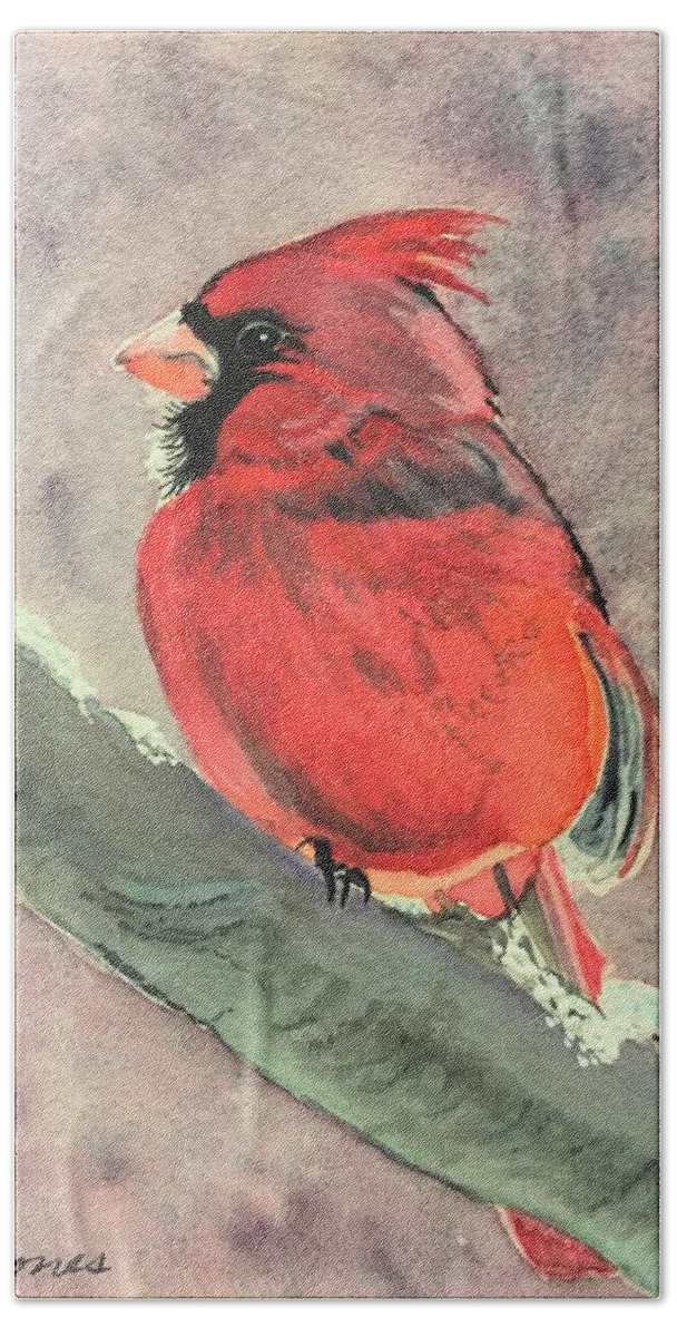 Cardinal Hand Towel featuring the painting Wintery Red by Sonja Jones