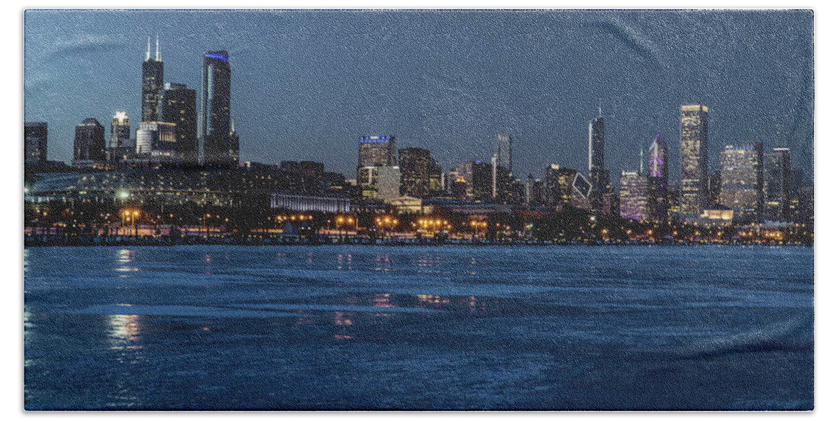 Chicago Skyline Bath Towel featuring the photograph Wintry Chicago Skyline at dusk by Sven Brogren