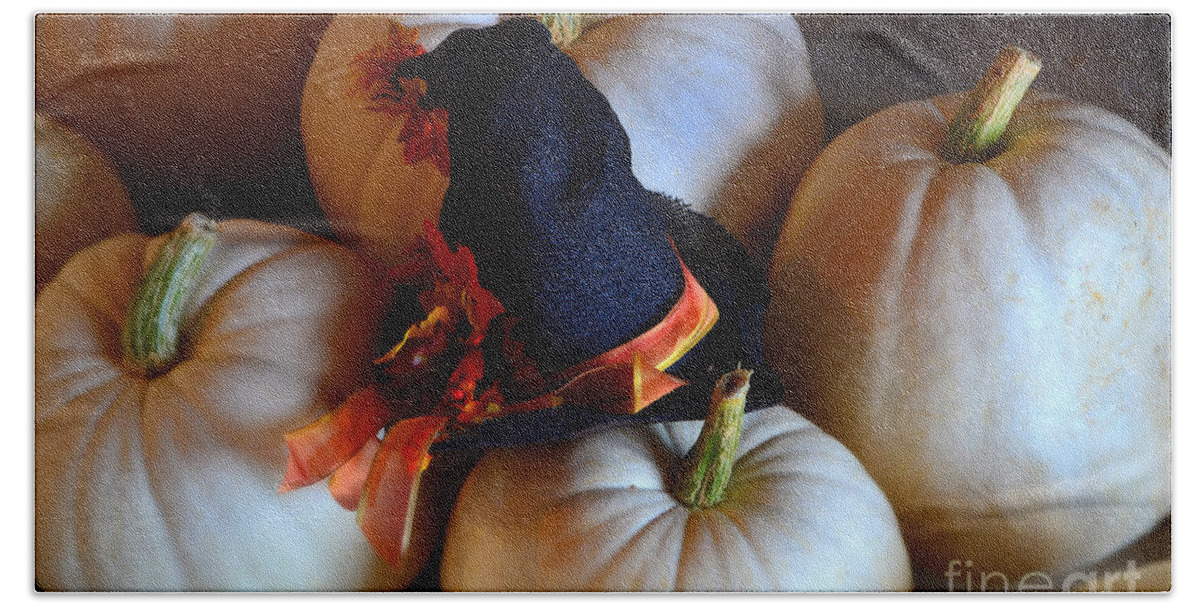 Farm Bath Towel featuring the photograph Witch Hat on White Pumpkins by Amy Lucid