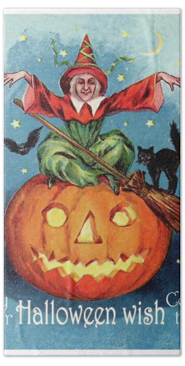 Halloween Night Hand Towel featuring the mixed media Witch in a big pumpkin by Long Shot