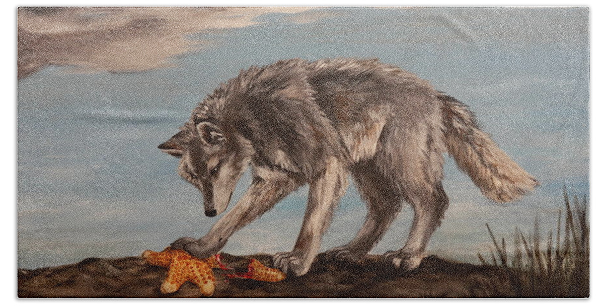 Wolf Hand Towel featuring the painting Wolf and Sea Star by Michelle Miron-Rebbe