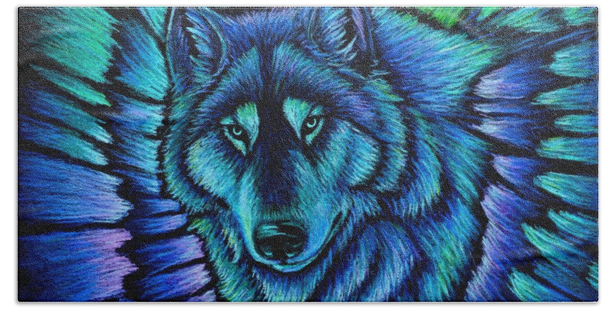 Wolf Hand Towel featuring the pastel Wolf Aurora by Rebecca Wang