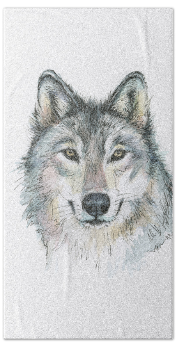Watercolor Hand Towel featuring the painting Wolf by Olga Shvartsur