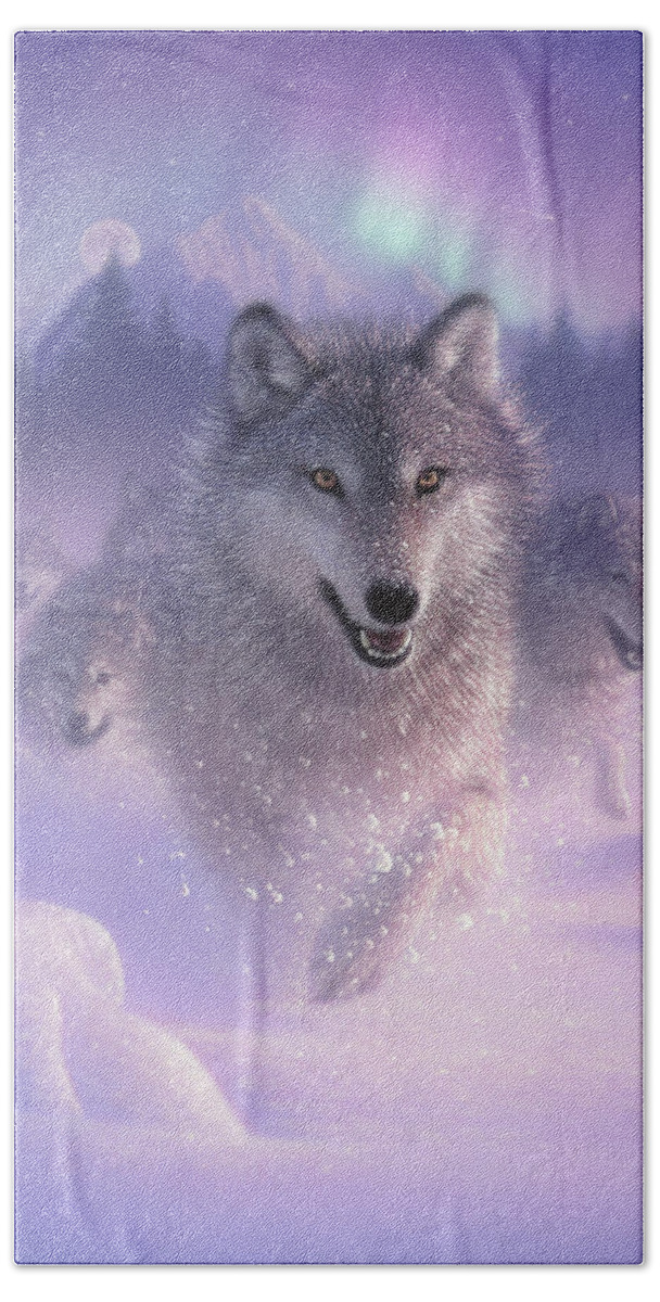 Wolf Art Bath Towel featuring the painting Wolf Pack Running - Northern Lights by Collin Bogle