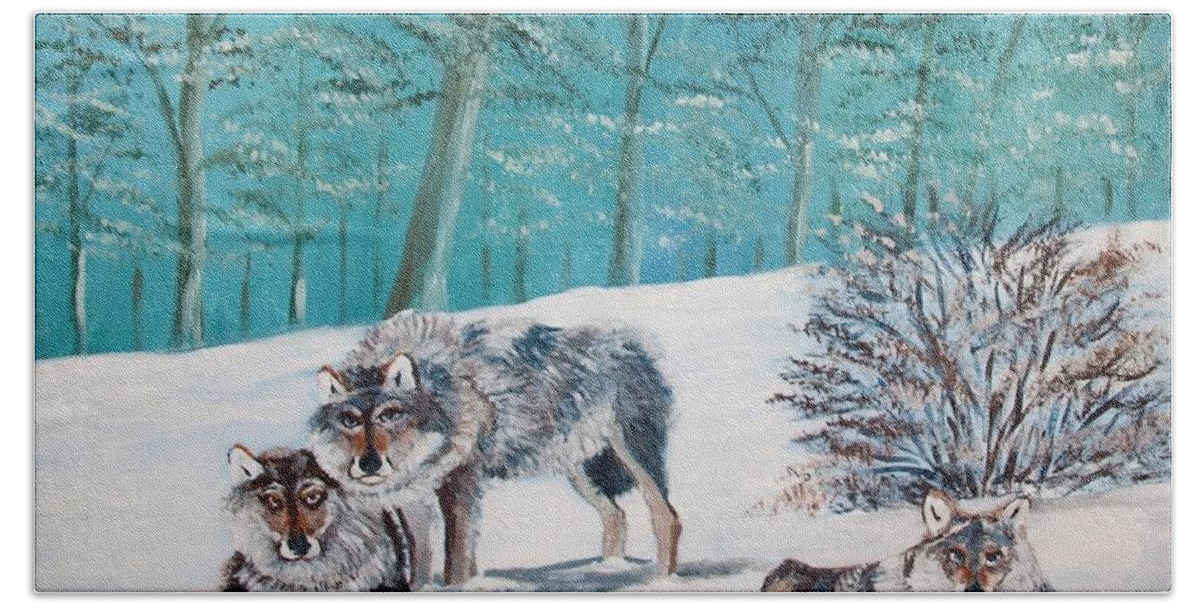 Wolves Hand Towel featuring the painting Wolves in the wild by Jean Pierre Bergoeing