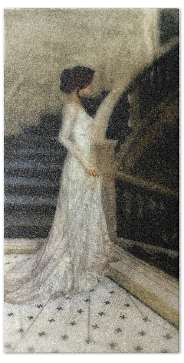 Woman Hand Towel featuring the photograph Woman in Lace Gown on Staircase by Jill Battaglia