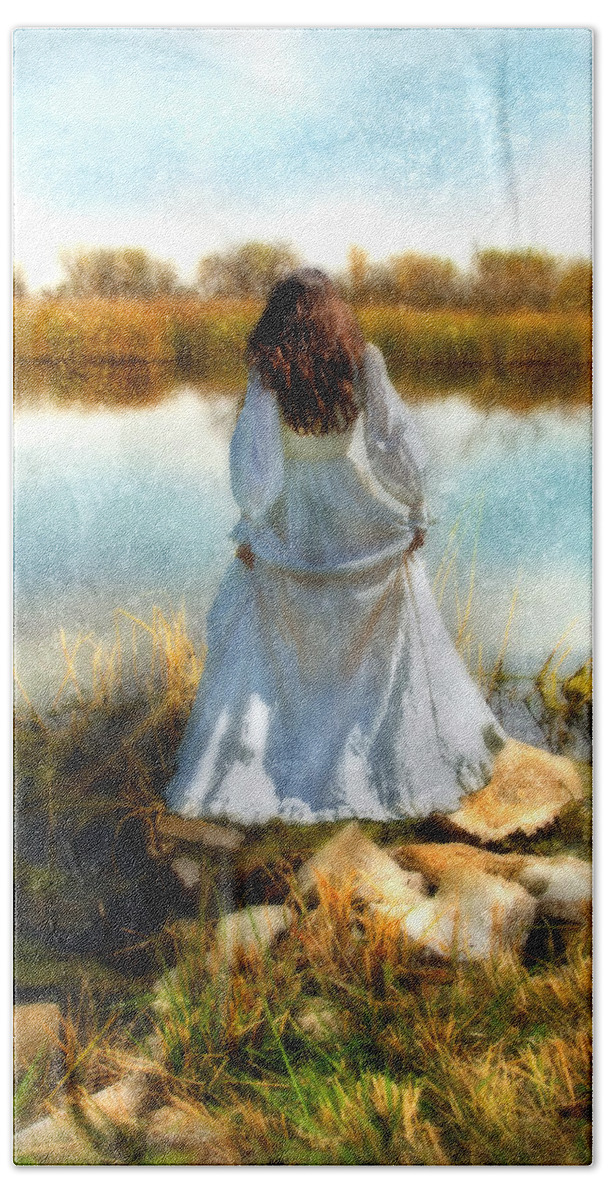 Woman Hand Towel featuring the photograph Woman in Victorian Dress by Water by Jill Battaglia