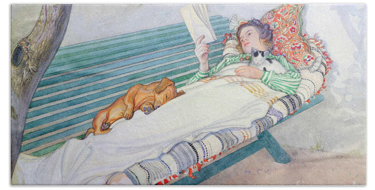 Woman Hand Towel featuring the painting Woman Lying on a Bench by Carl Larsson