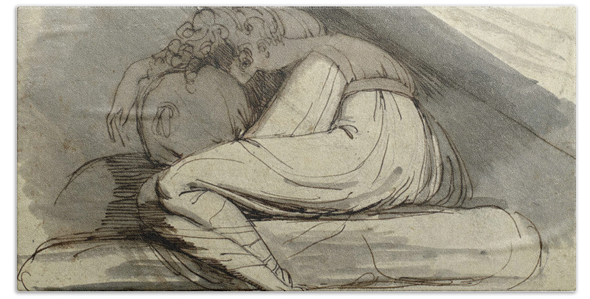 Fuseli Bath Towel featuring the drawing Woman Sitting Curled Up by Henry Fuseli