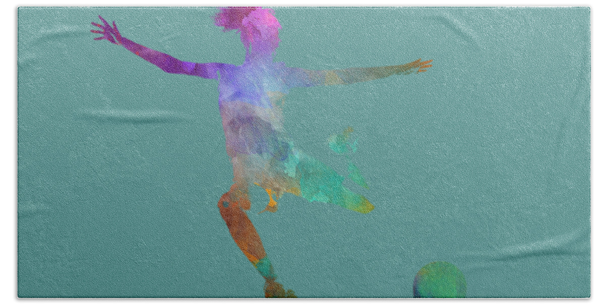 Soccer Hand Towel featuring the painting Woman soccer player 03 in watercolor by Pablo Romero