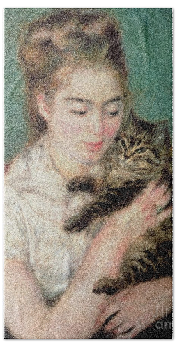 Woman With A Cat Bath Towel featuring the painting Woman with a Cat by Pierre Auguste Renoir