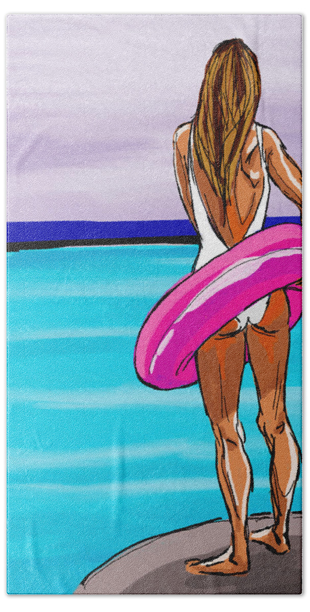 Beach Bath Towel featuring the digital art Woman With A Float by Michael Kallstrom