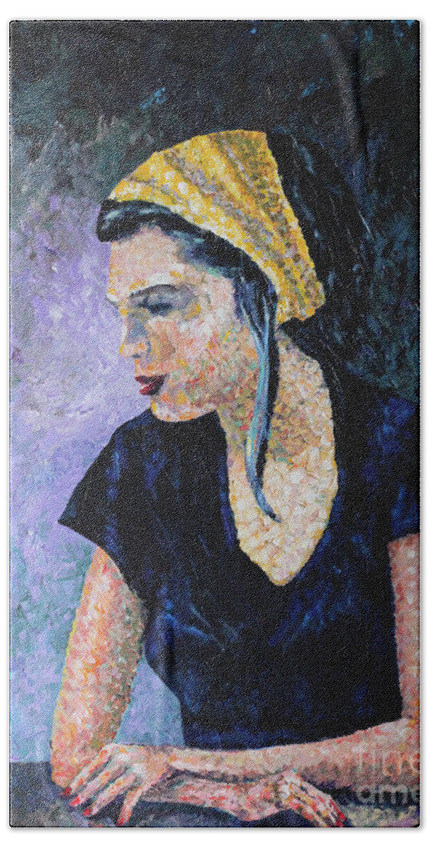 Woman Bath Towel featuring the painting Woman with Yellow Scarf by Robert Yaeger