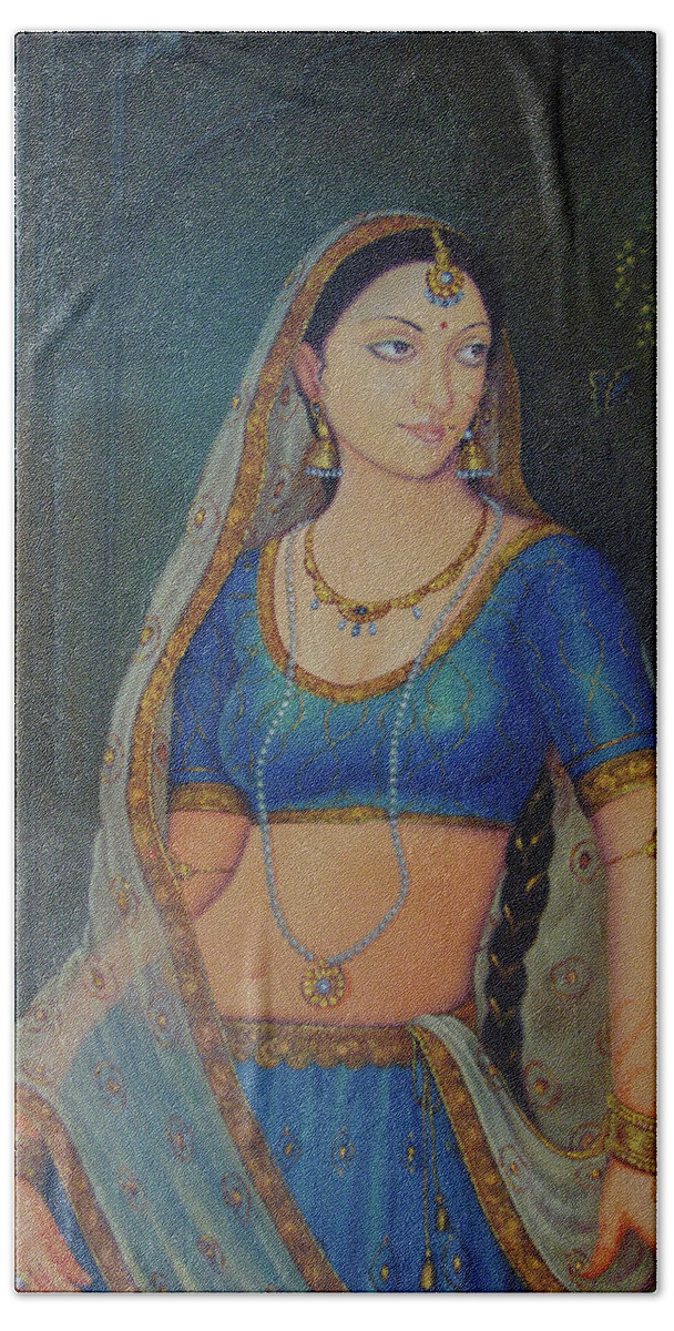 Princess Painting Traditional Art A Beautiful Lady A Lonely Queen Is Waiting For Her Husband To Return From Battle Oil Painting On Canvas Lady Of Love Bath Towel featuring the painting Wonderful Portrait A Lonely Queen is waiting for her husband to return from battle Oil Painting by A K Mundra