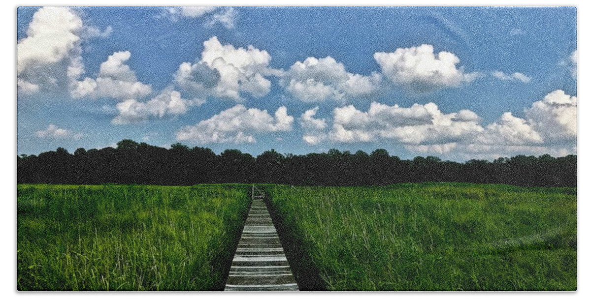 Marsh Hand Towel featuring the photograph Wood across the Marsh by Shawn M Greener