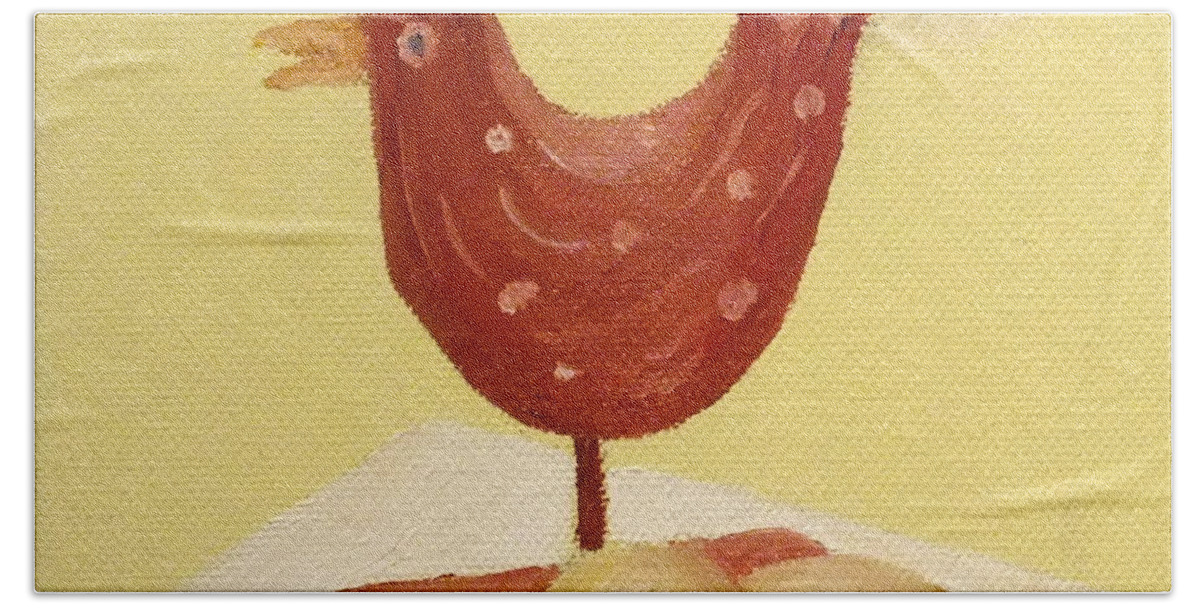 Kitchen Bath Towel featuring the painting Wooden Chicken and 2 Brown Eggs by Peggy King