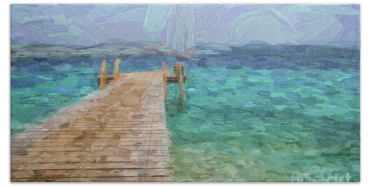 Boat Hand Towel featuring the digital art Wooden jetty and boat by Patricia Hofmeester
