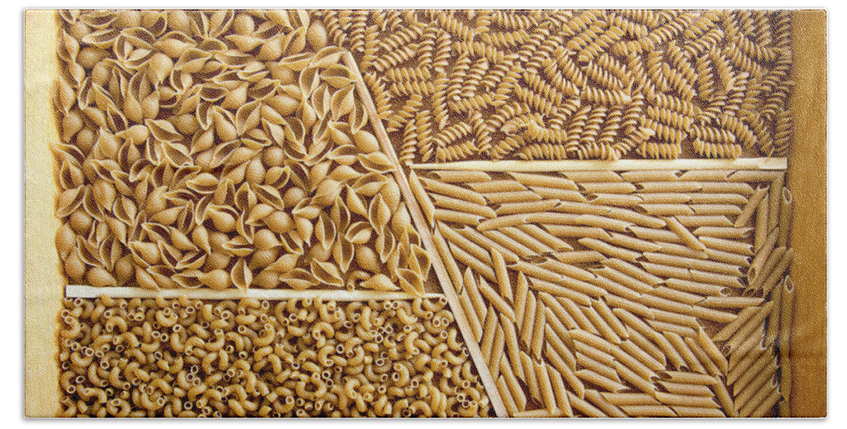 Assorted Hand Towel featuring the photograph Wooden tray with assorted whole wheat pasta by Karen Foley