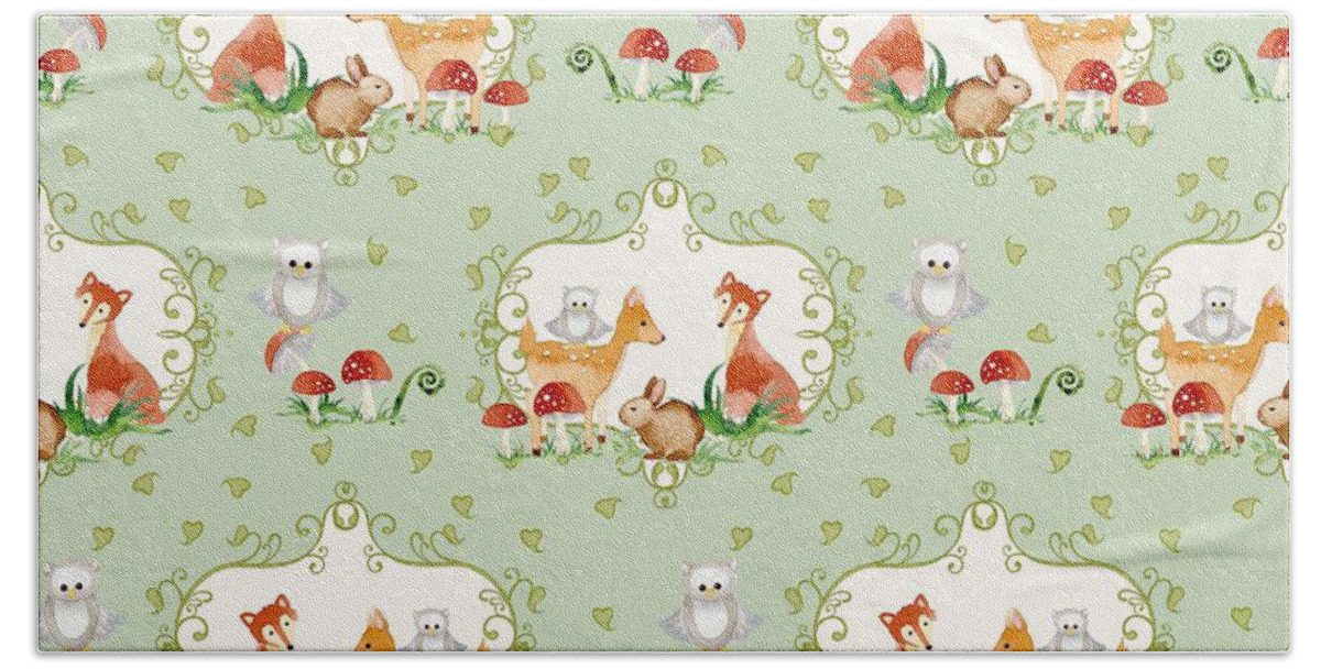 Trendy Bath Towel featuring the painting Woodland Fairy Tale - Mint Green Sweet Animals Fox Deer Rabbit owl - Half Drop Repeat by Audrey Jeanne Roberts