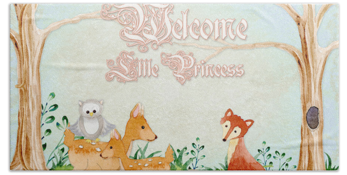 Woodchuck Bath Towel featuring the painting Woodland Fairy Tale - Welcome Little Princess by Audrey Jeanne Roberts