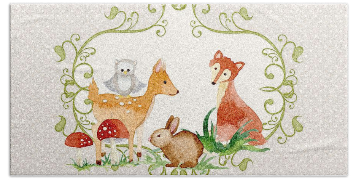 Grey Bath Towel featuring the painting Woodland Fairytale - Grey Animals Deer Owl Fox Bunny n Mushrooms by Audrey Jeanne Roberts
