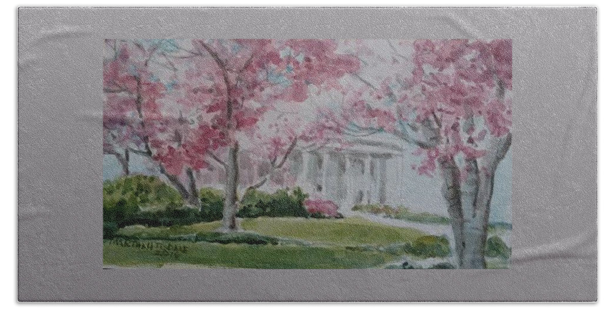 Landscape Bath Towel featuring the painting Woodruff House and Japanese Magnolias by Martha Tisdale