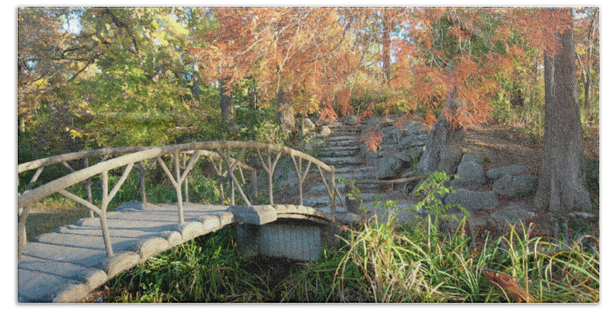 America Hand Towel featuring the photograph Woodward Park Bridge in Autumn - Tulsa Oklahoma by Gregory Ballos
