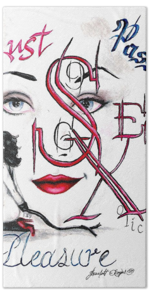 Erotic Bath Towel featuring the drawing Words of the Dirty Mind by Scarlett Royale