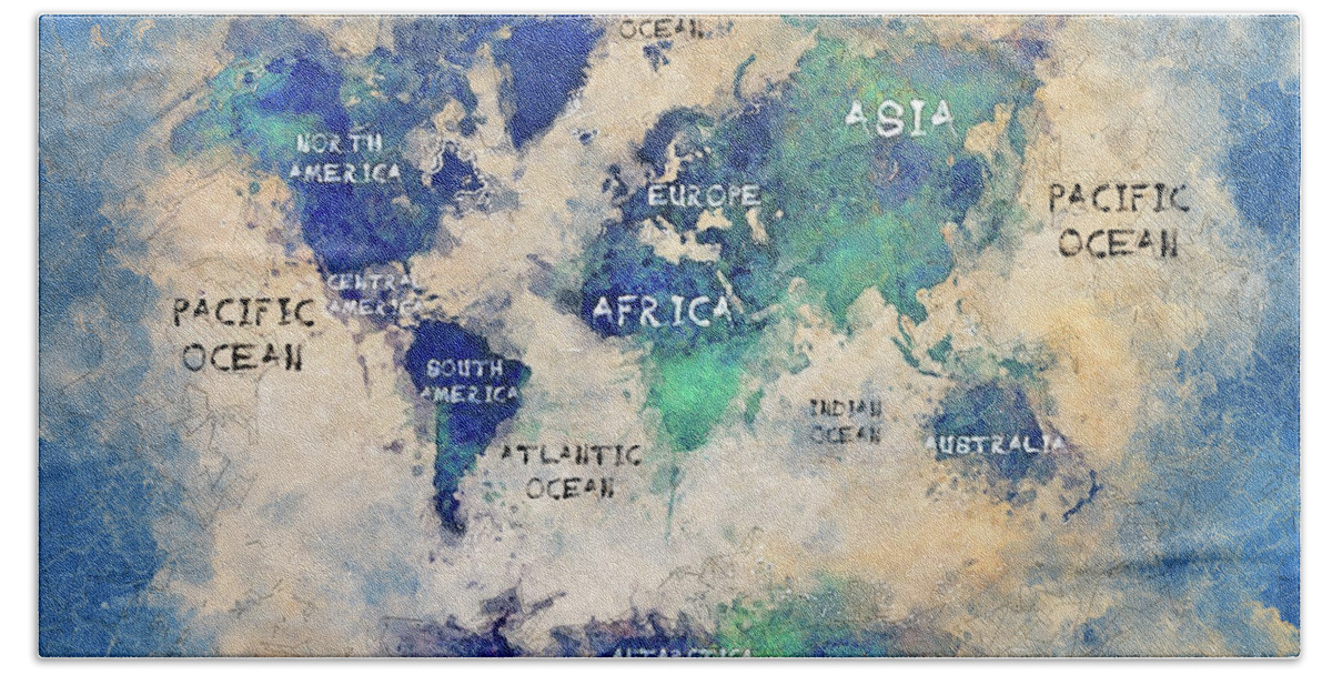 Map Of The World Bath Towel featuring the digital art World Map Art Watercolor by Justyna Jaszke JBJart