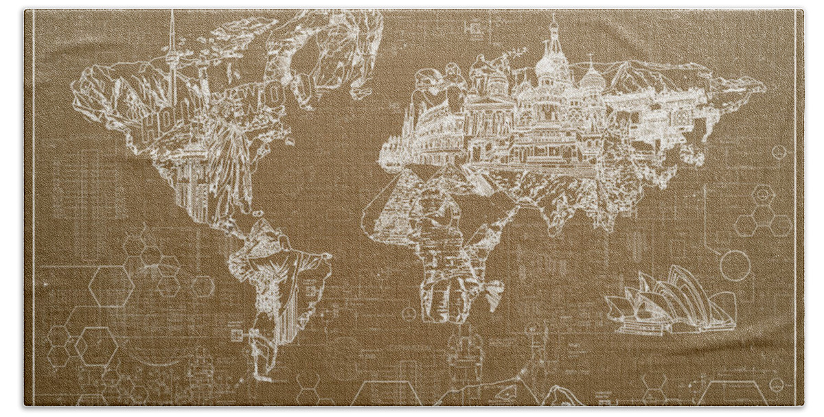 Map Of The World Bath Towel featuring the digital art World Map Blueprint 4 by Bekim M